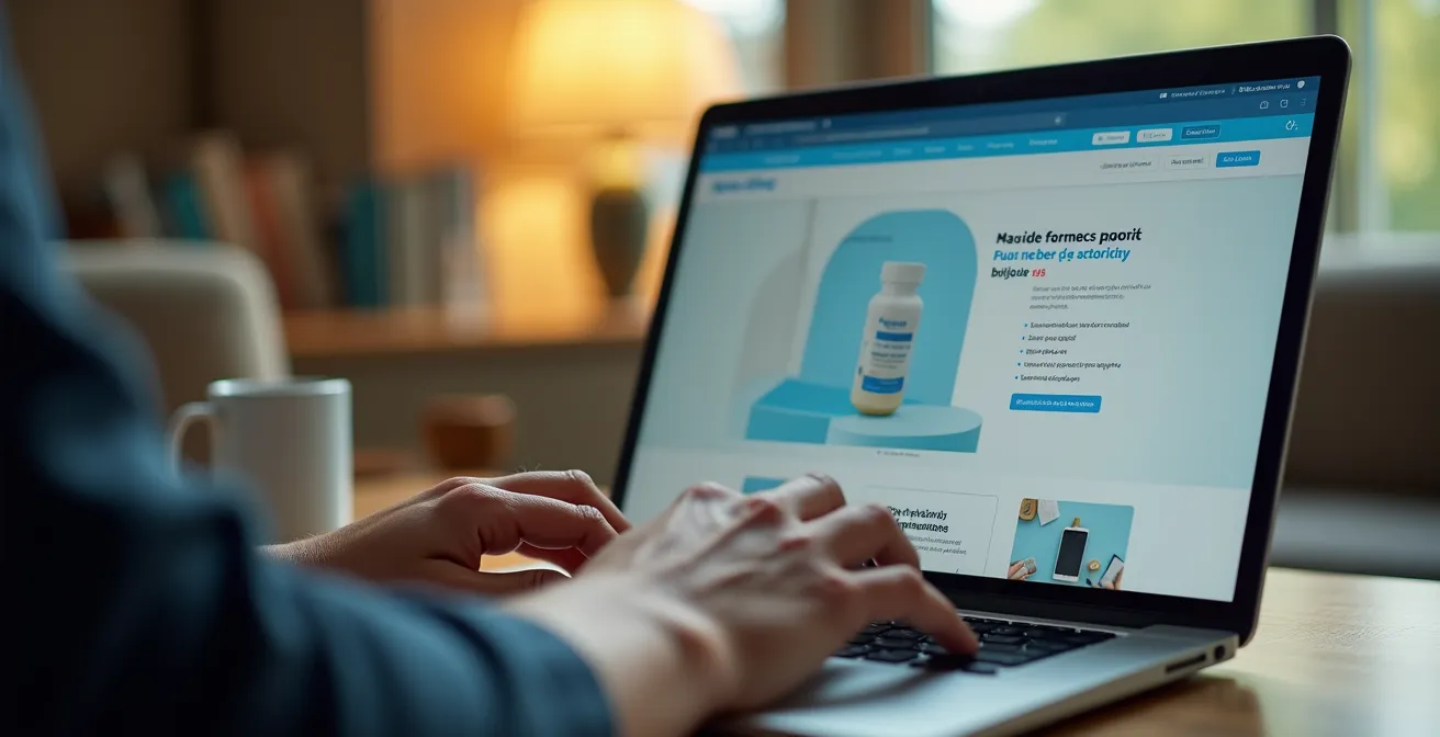 Photo réaliste d'un consommateur naviguant sur un site de pharmacie en ligne français, avec une lumière naturelle cinéma, textures fines et bokeh doux en arrière-plan