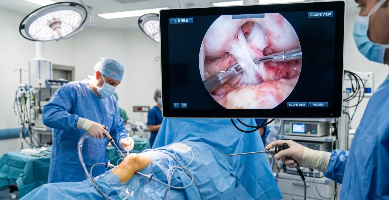 Arthroscopic surgical monitor displaying internal knee joint view during minimally-invasive ACL reconstruction procedure in UK operating theatre, demonstrating modern surgical technique