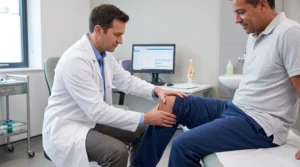 Orthopaedic surgeon examining patient's knee during clinical consultation in modern UK medical practice, performing physical stability assessment to determine ACL injury severity and appropriate treatment pathway